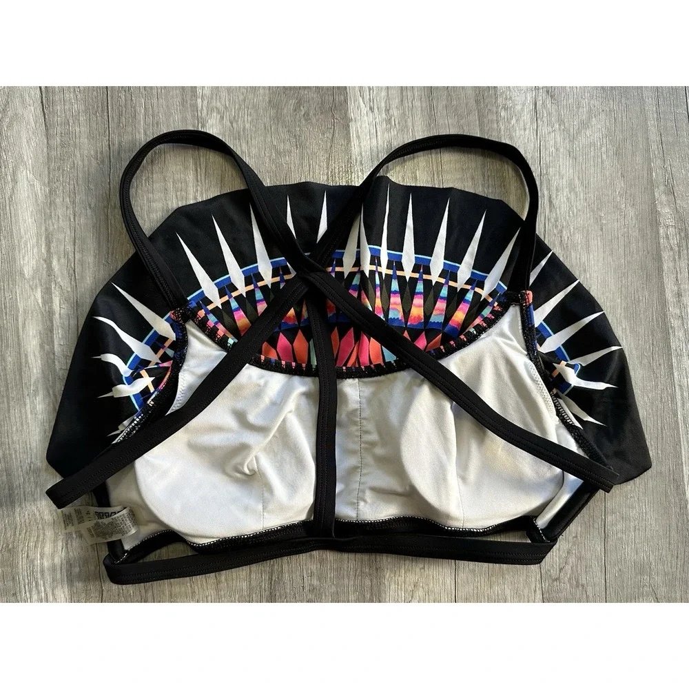 PINK Victoria's Secret Bikini Top Small Black Multicolor Flounce Ruffle Swim Top